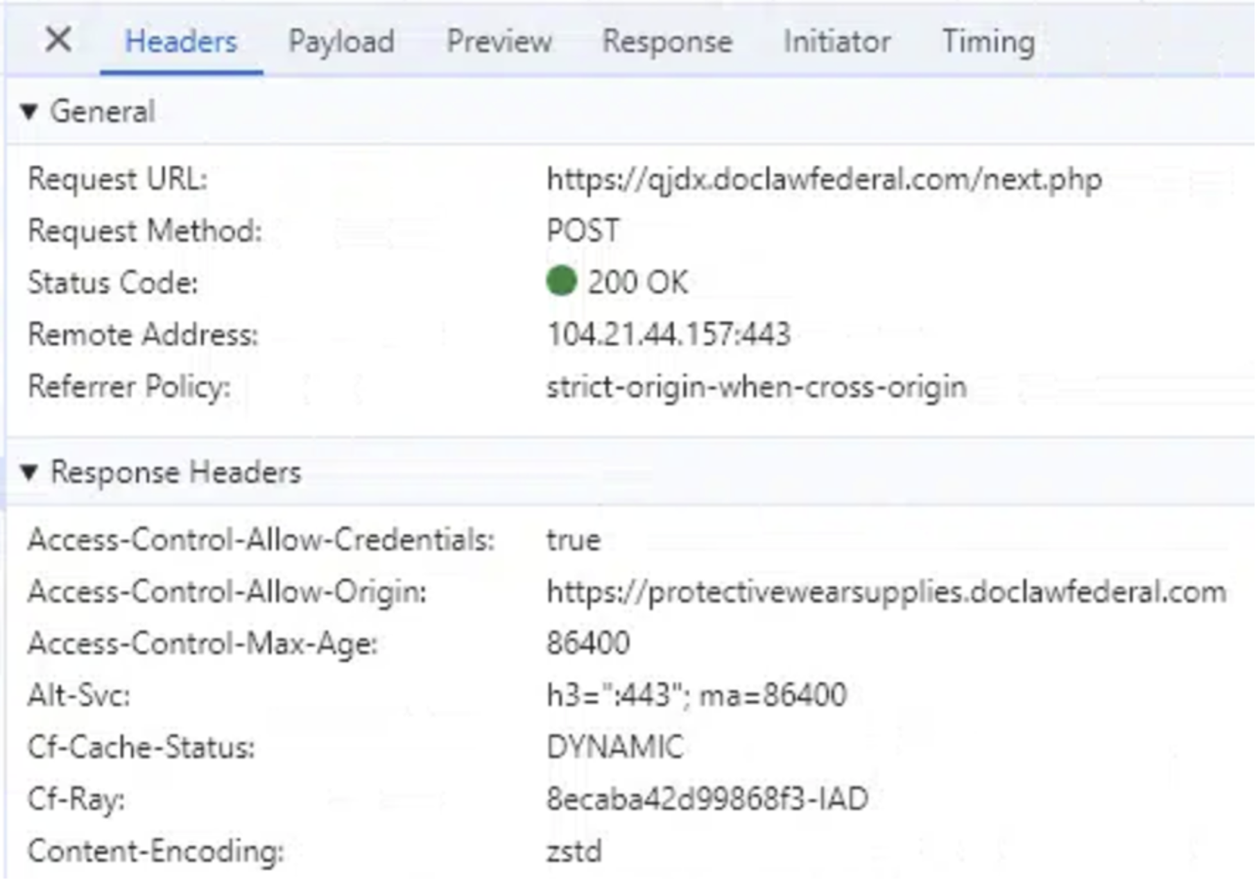 Figure 10: the HTTP header data for a phishing page’s backend server communications on a separate host