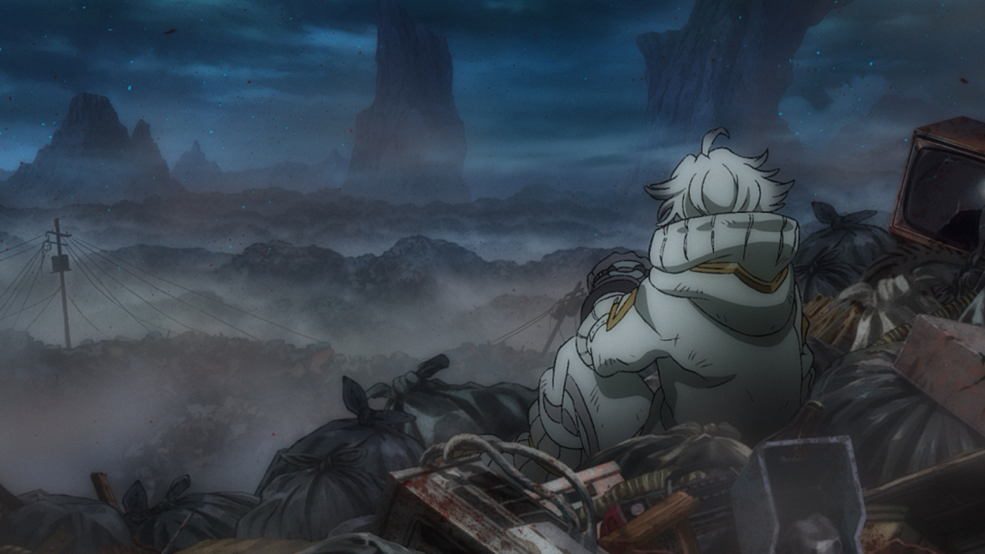 Gachiakuta Episode 1 Rudo stares at a world of trash after landing in The Pit