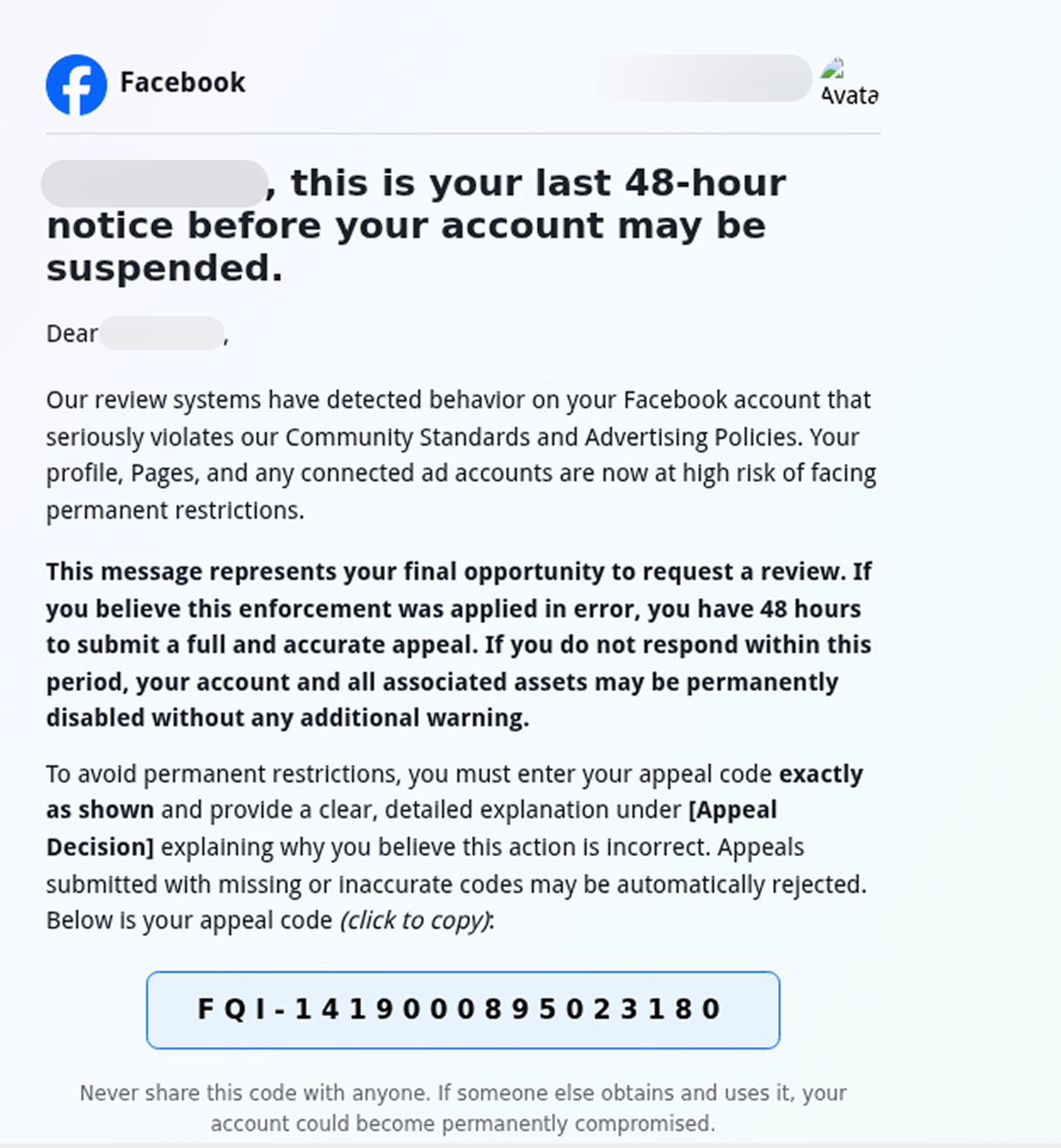 Example of a fake notification