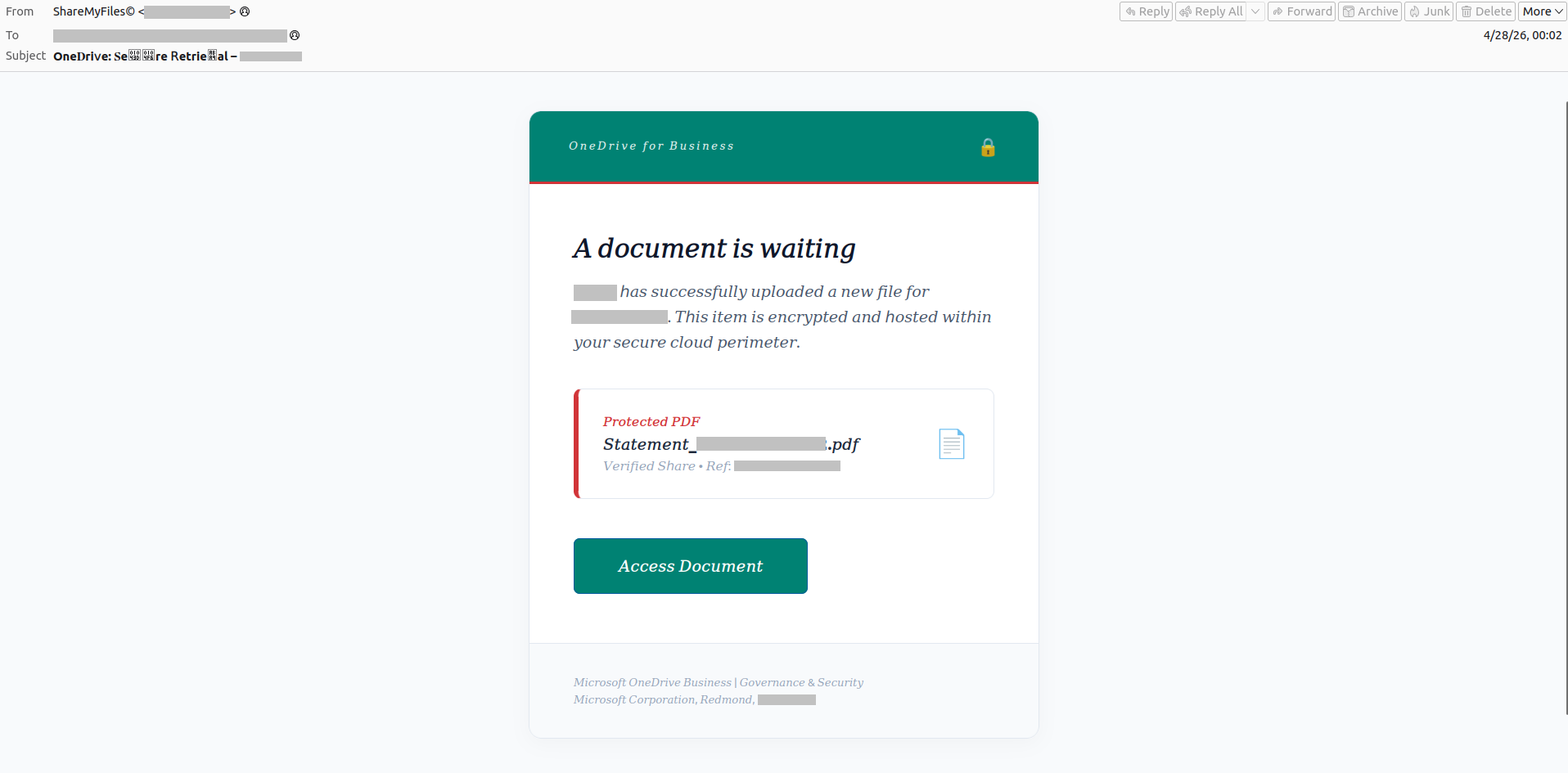 Example of a phishing scheme with fake online documents