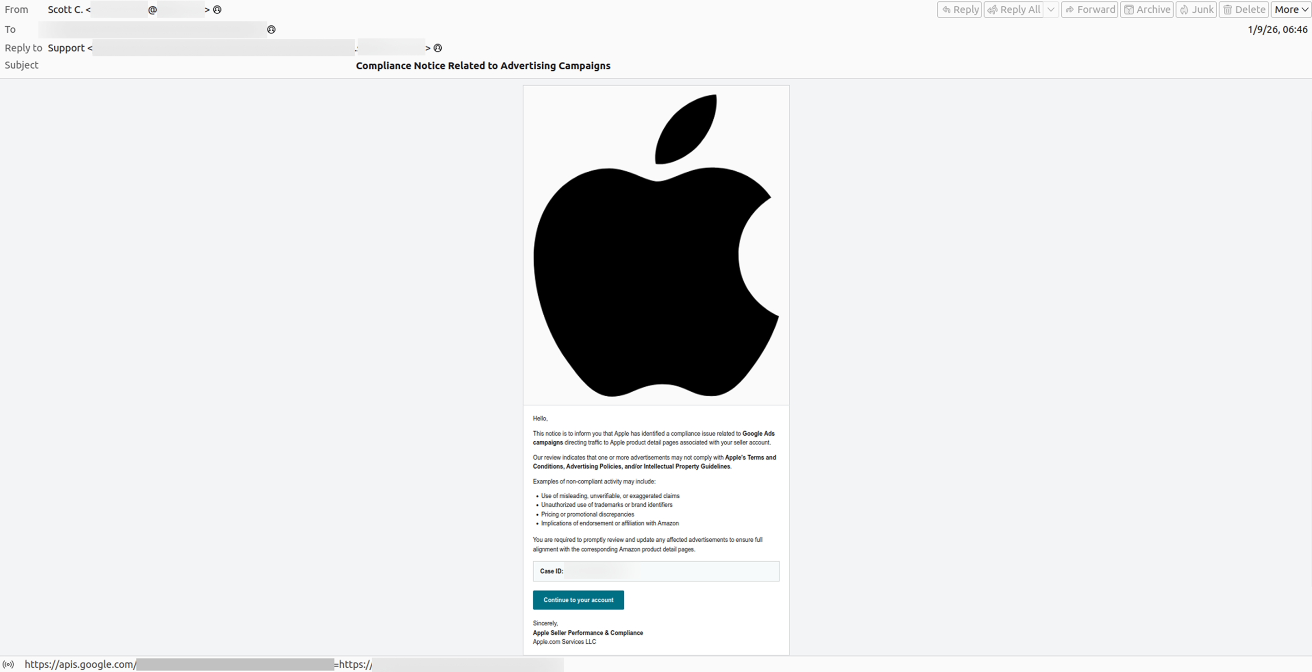 Example of a fake compliance issue notification