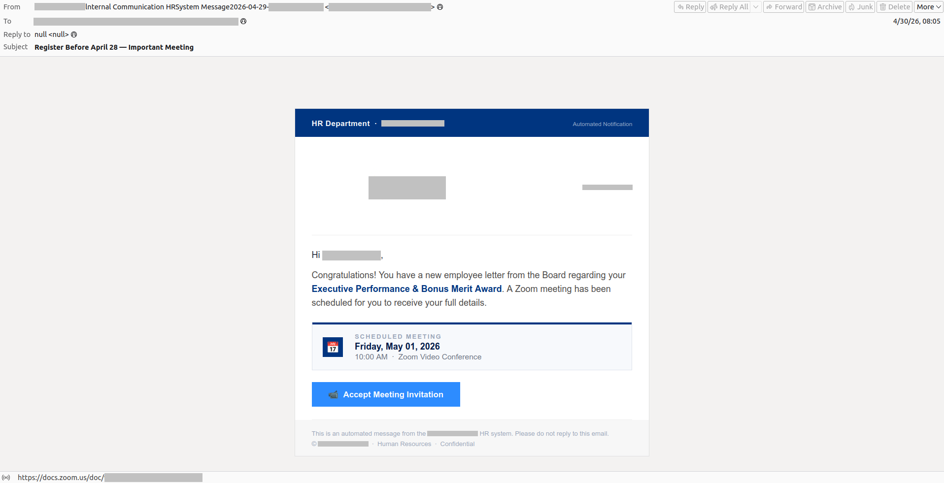 Example of an email with a fake meeting