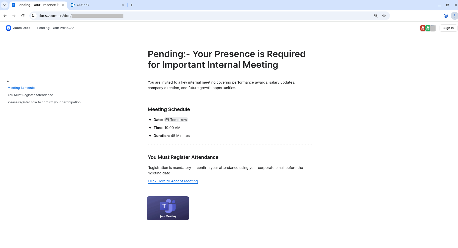 Zoom Docs page containing the phishing link