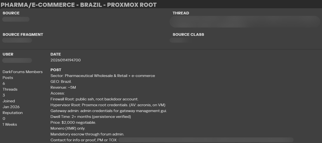 Example of a post on a darknet forum