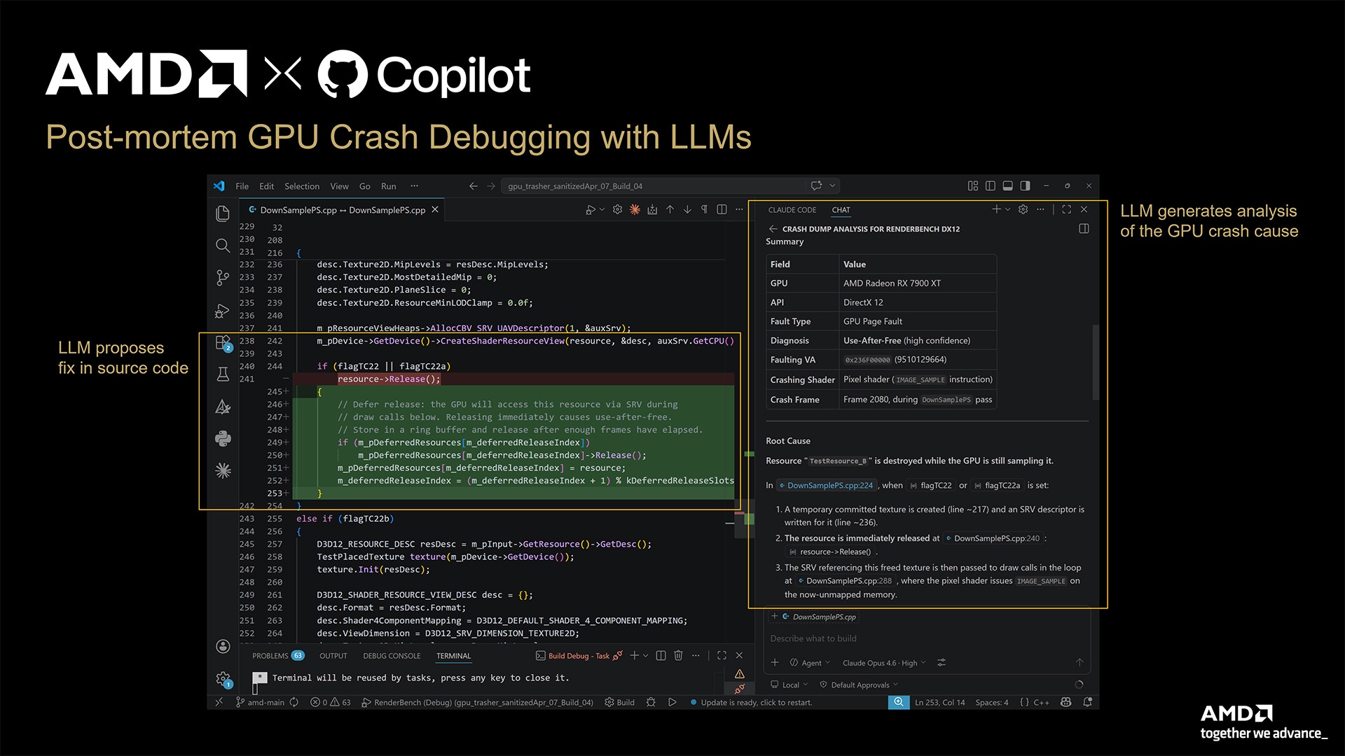 VS Code Copilot showing the completed crash analysis with root cause explanation alongside the highlighted source code