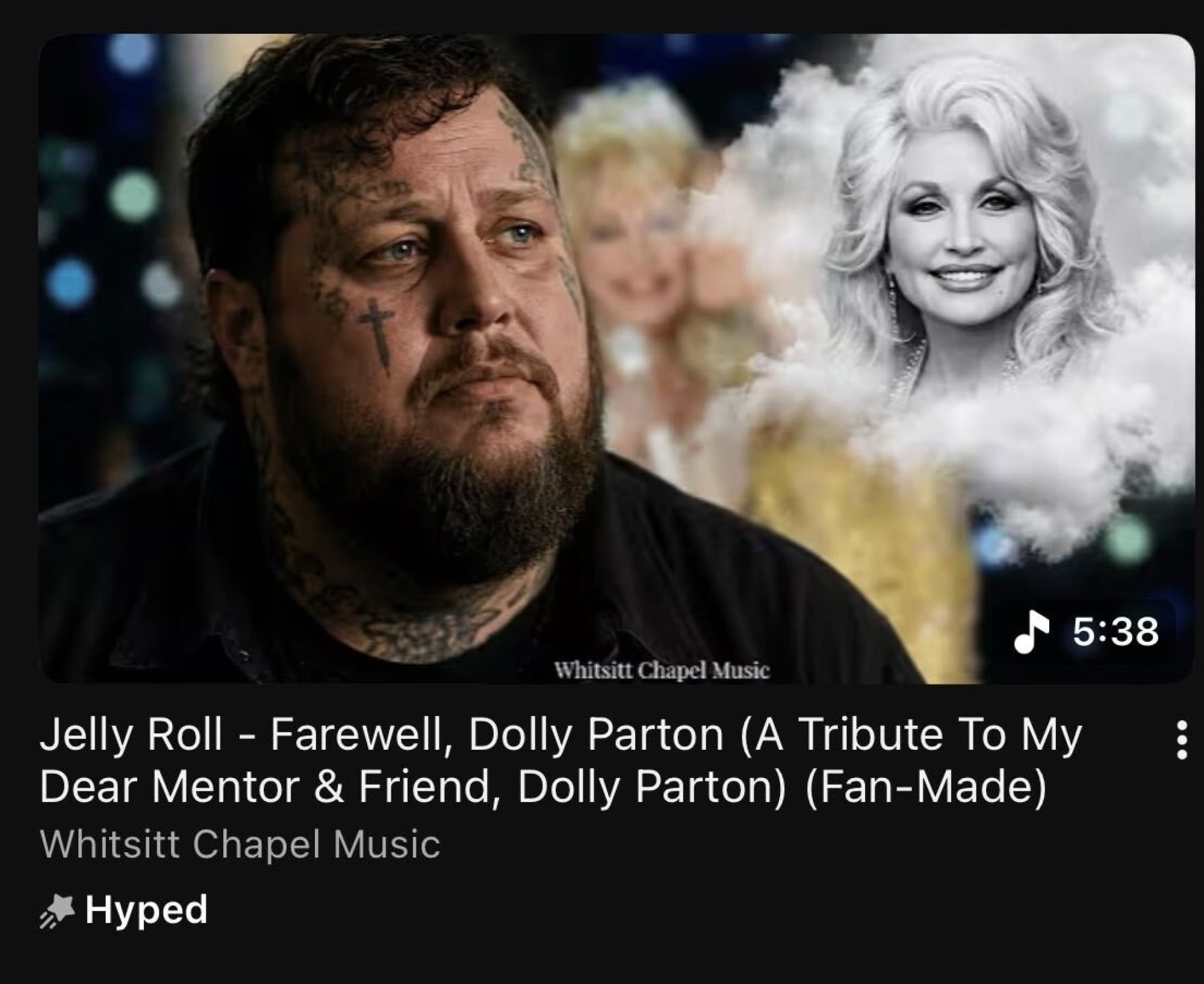 jelly roll looking wistfully at a black and white image of dolly parton in clouds