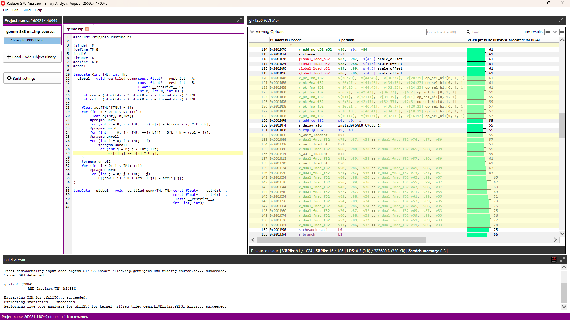 Line 29 selected, highlighting its 40 correlated instructions